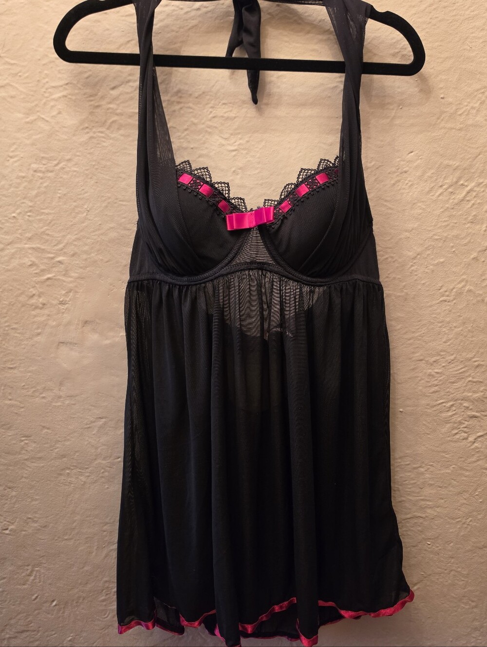Black Pink Y2K Sheer Mesh Halter Babydoll Chemise Lace Bow Lingerie M